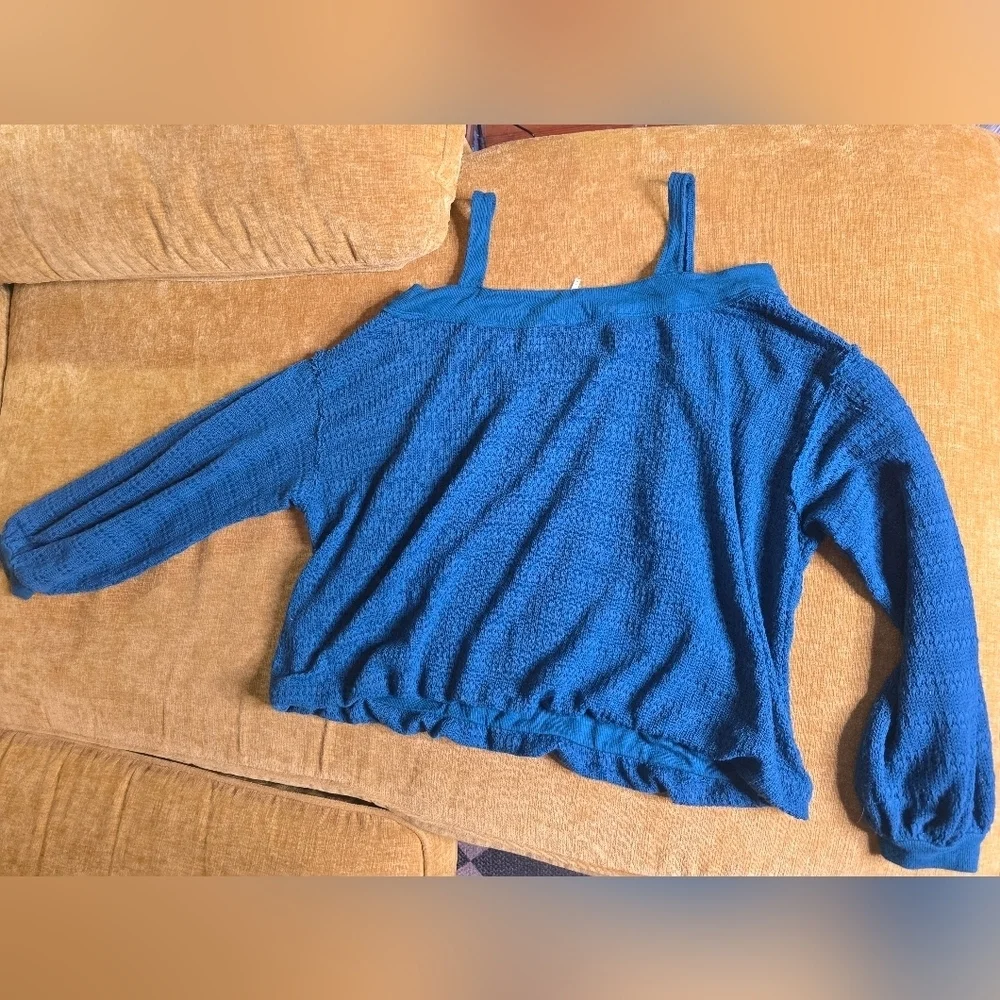 Free People Cold Shoulder Hacci Knit Top Teal Treasure
